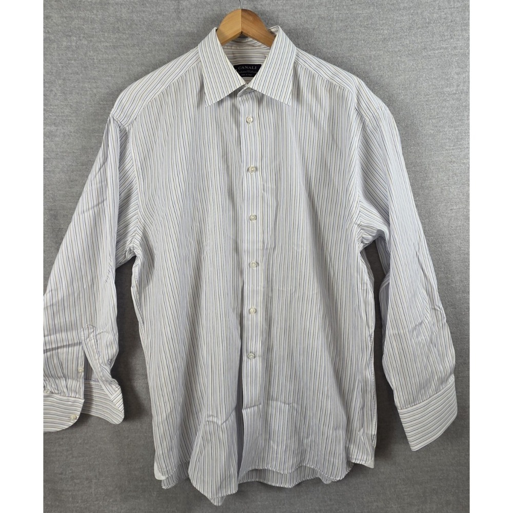 Canali Exclusive Collection Italy Dress Shirt Mens 17 43 W White Blue Stripe